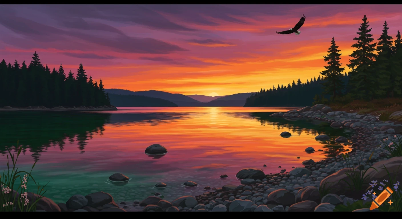 Vibrant illustration of a sunset over a calm lake with forested mountains, a rocky shore, and an eagle flying.