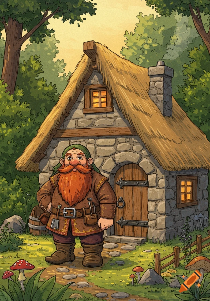 A storybook illustration of a short, bearded dwarf standing proudly before a cozy stone cottage with a thatched roof, surrounded by mushrooms at sunset.