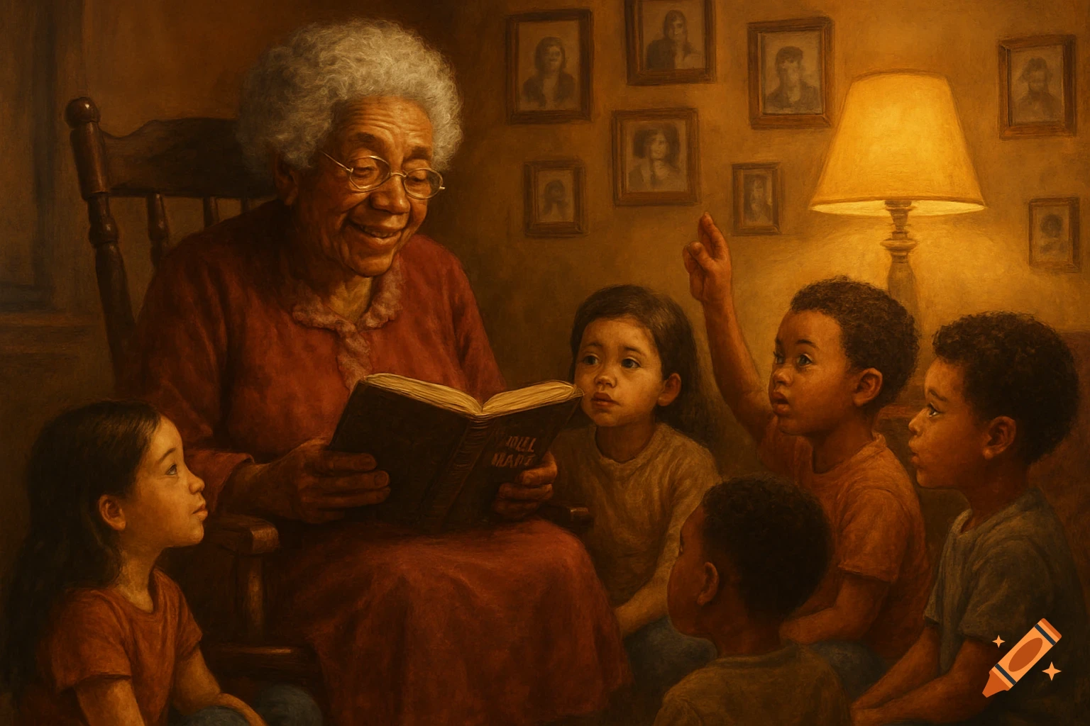 An old Black woman reads a book to diverse children sitting on the floor in a warm, painterly room with family photos.
