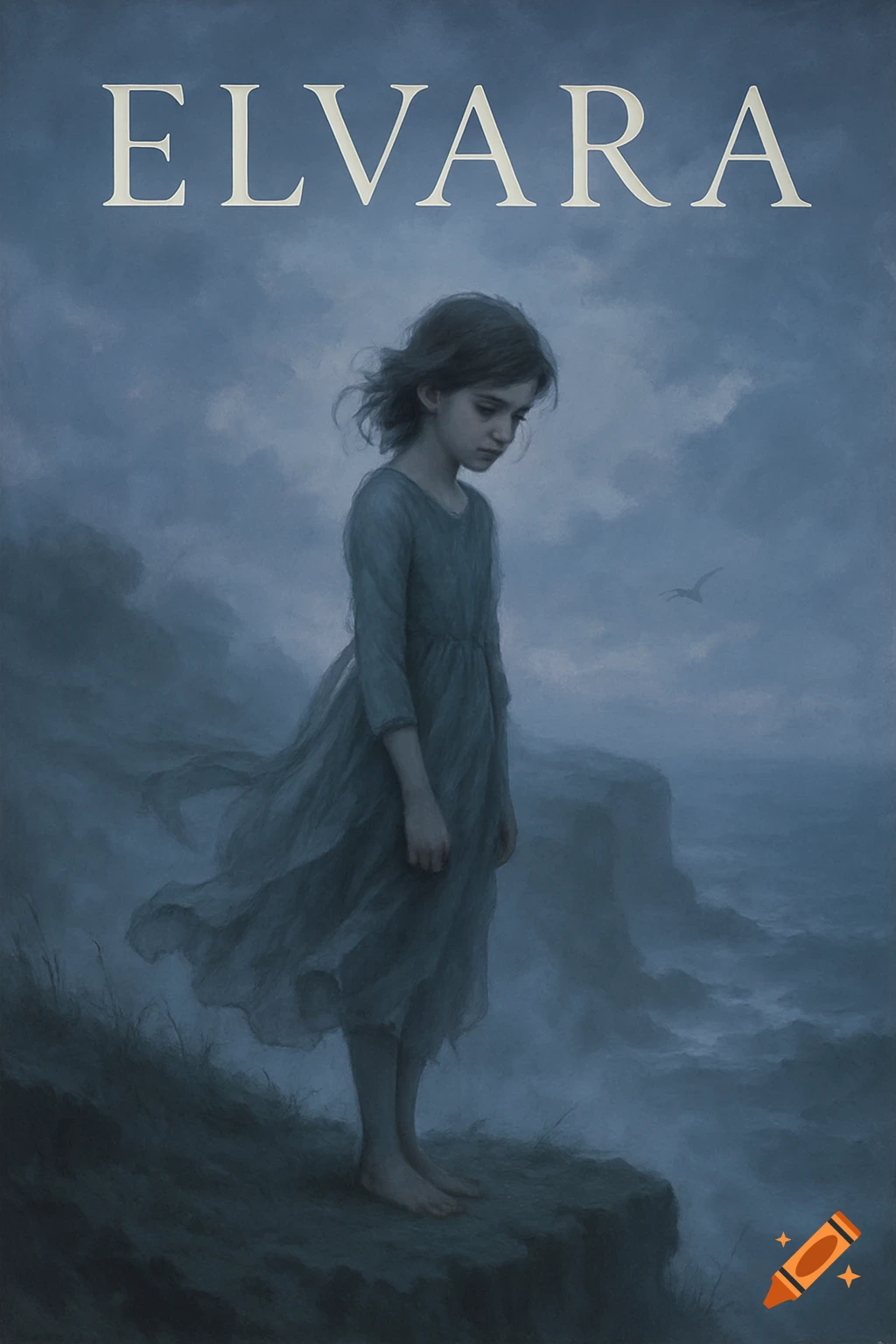 Digital painting of a sorrowful young girl in a flowing dress standing barefoot on a cliff overlooking a stormy sea under a cloudy sky. Title 'ELVARA' is at the top.