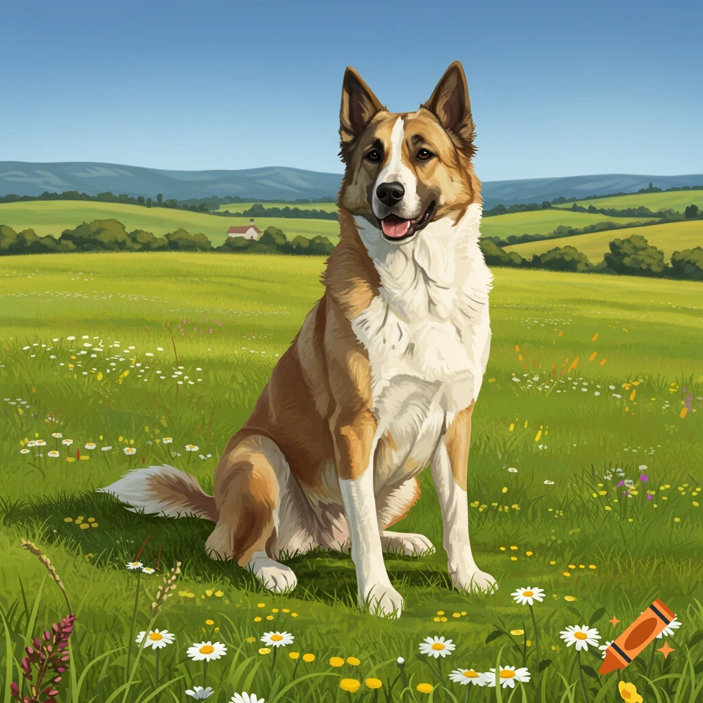 A tan and white dog sits in a grassy meadow with wildflowers and rolling green hills under a clear blue sky.