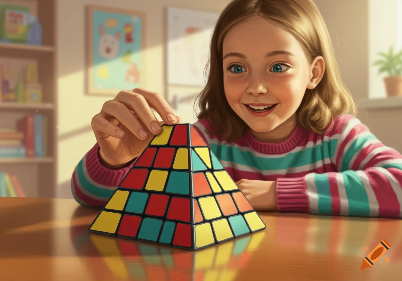 A smiling young girl with blue eyes plays with a colorful pyramid-shaped Rubik's Cube on a wooden table.