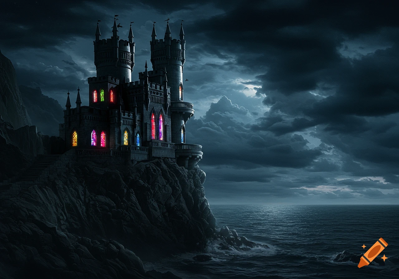 A towering, dark obsidian castle with colorful stained-glass windows stands on a cliff overlooking a stormy ocean under a moonlit, cloudy sky.