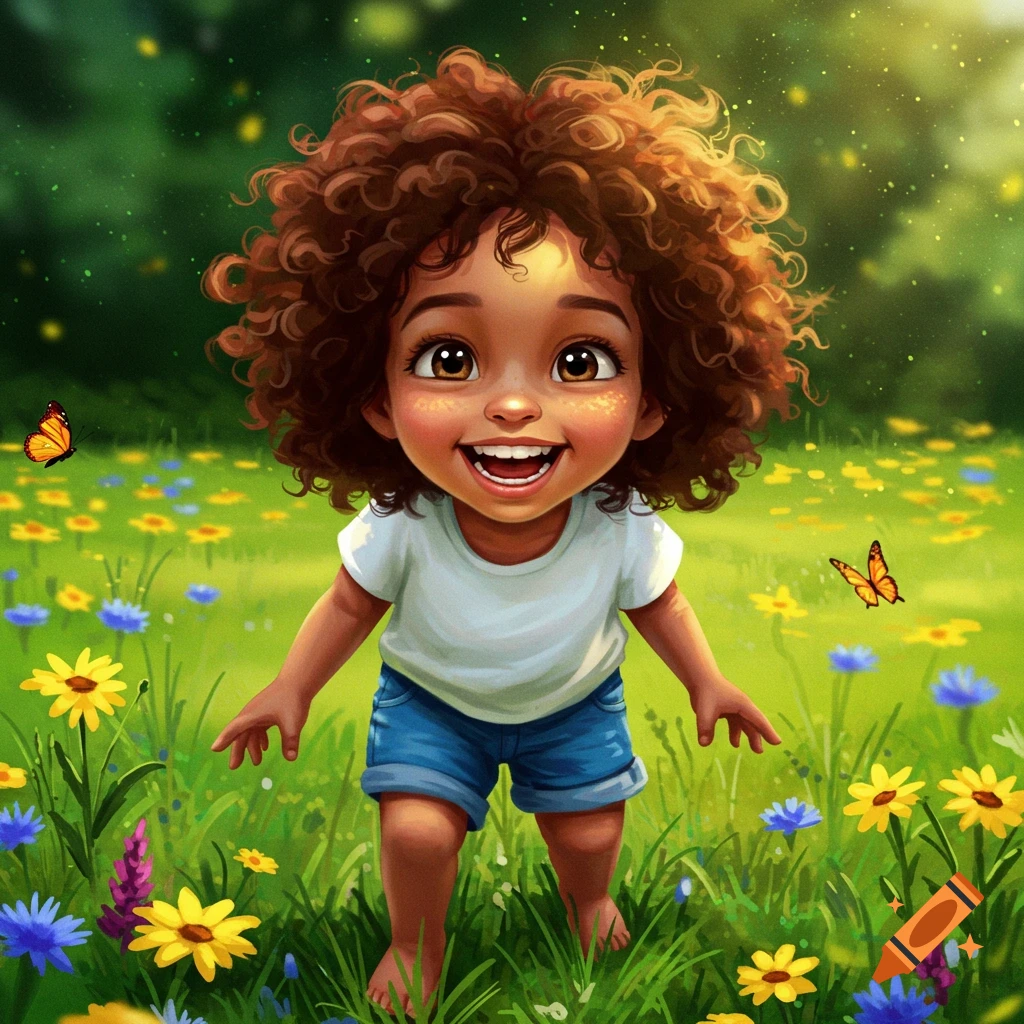 A happy, curly-haired child smiles brightly while standing in a vibrant field of colorful flowers and butterflies, in an illustrated style.