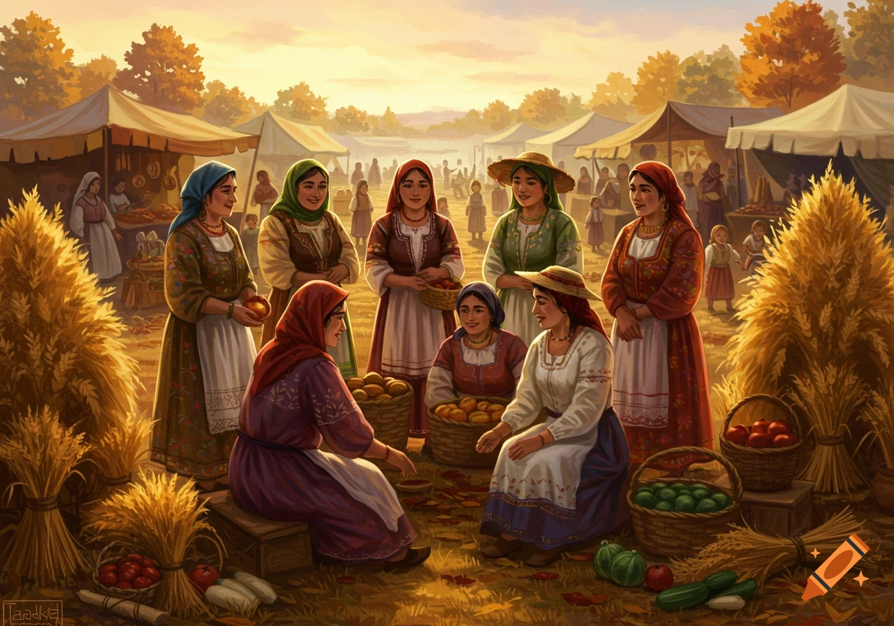Painting of women in traditional attire at a harvest festival market with stalls, produce, and hay bales under a warm sky.