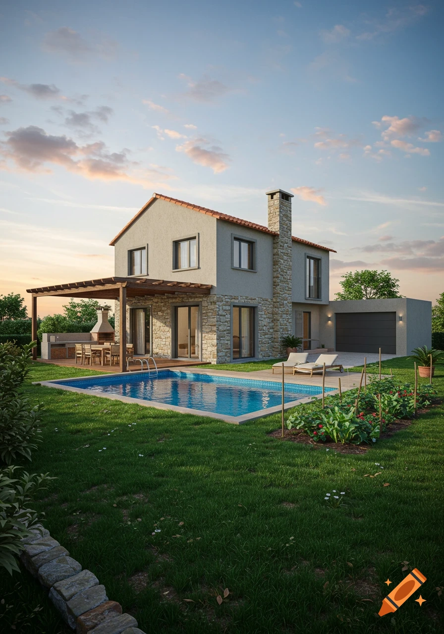 Photorealistic rendering of a modern house with a pool, green lawn, a small garden, and an outdoor dining area under a pergola.