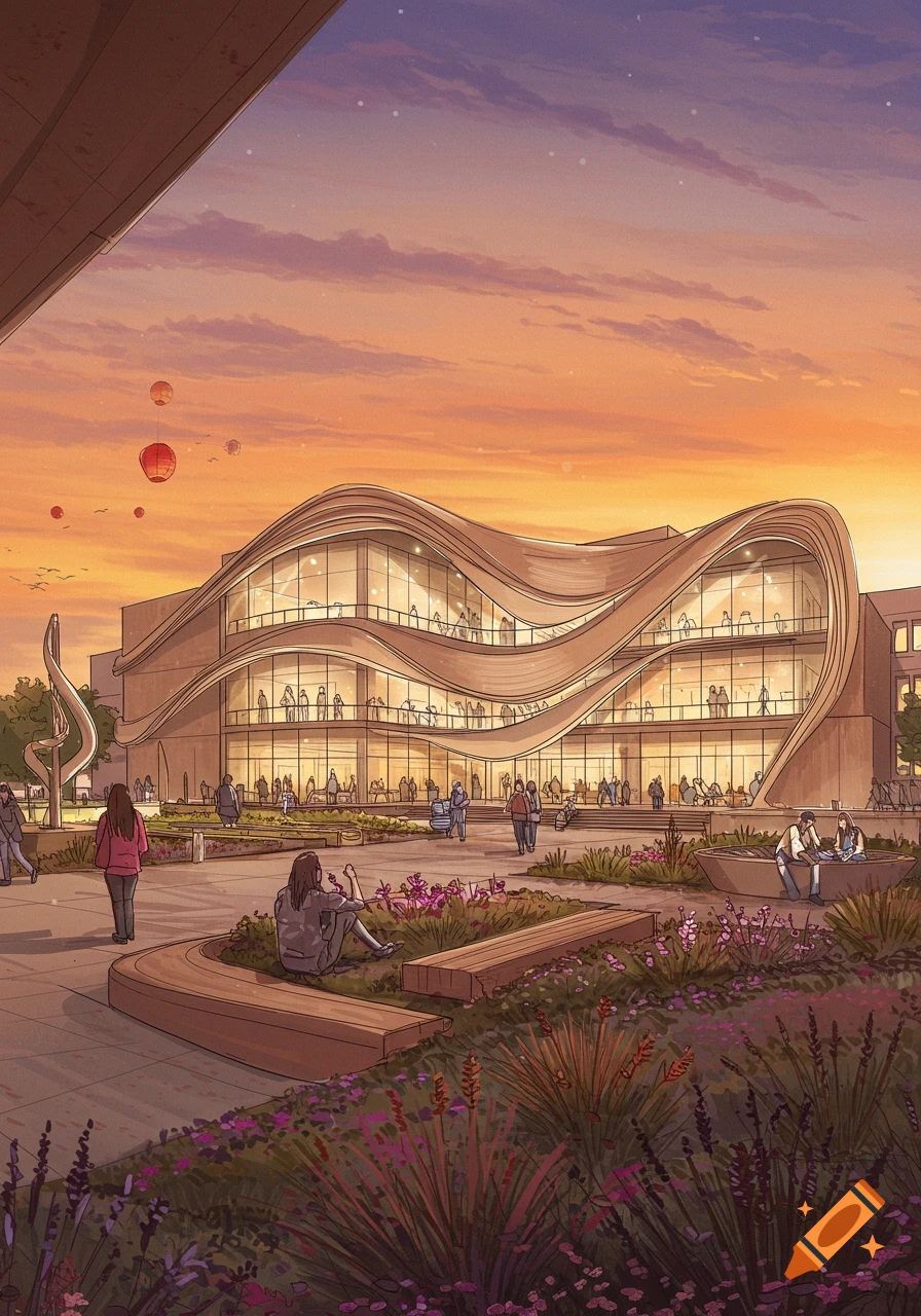 A vibrant illustration of a modern, wavy-shaped university building with a plaza, people, and plants under an orange sunset sky.