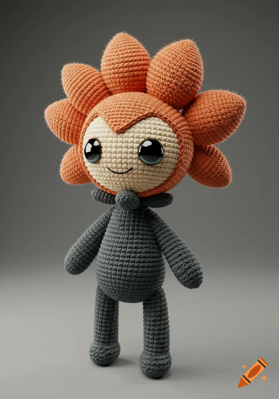 A cute orange and gray crocheted amigurumi doll with large black eyes and a small smile, standing against a gray background.