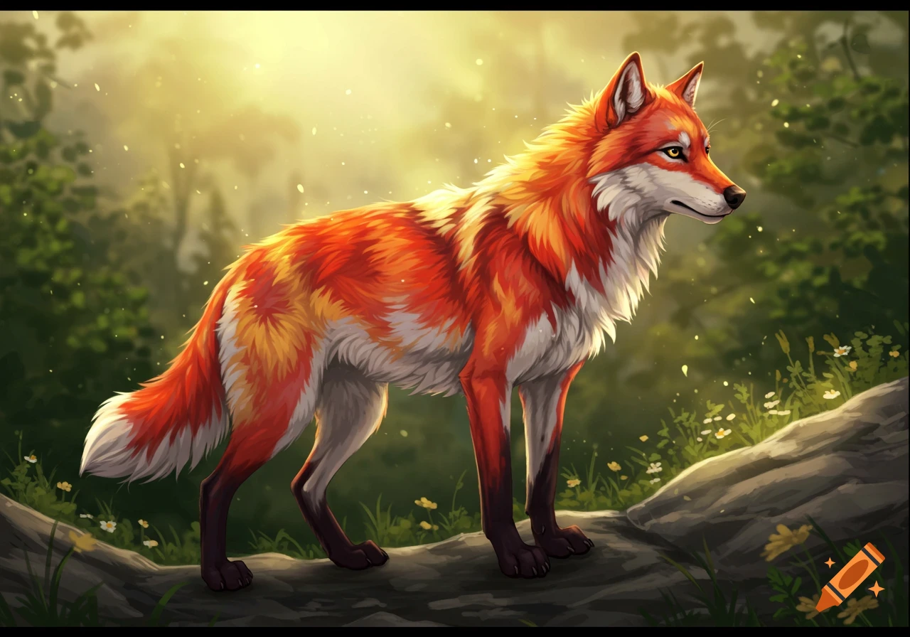 An animated fox-like creature with vibrant red, orange, yellow, and white fur stands in a sun-dappled forest.