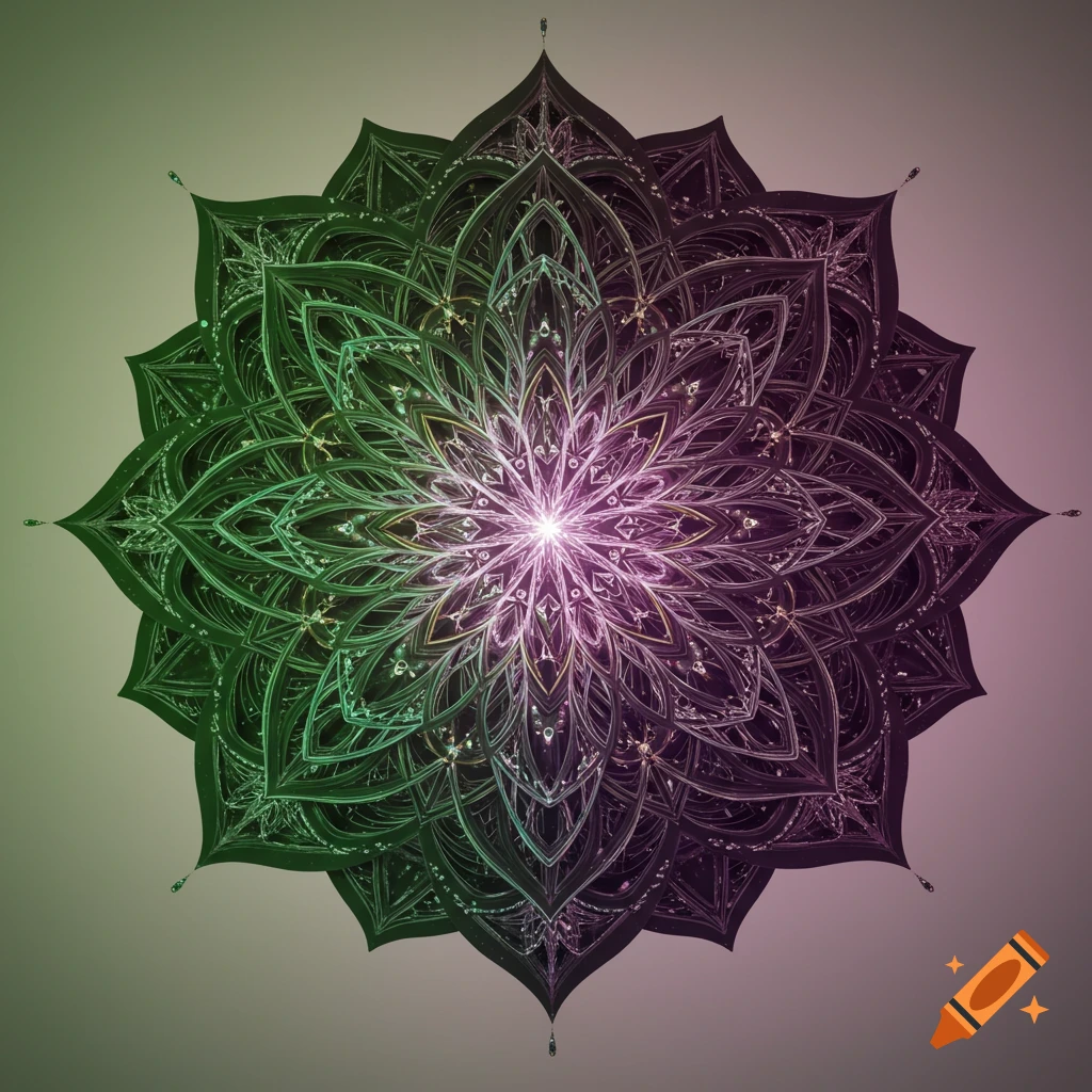 An intricate, symmetrical mandala design with a green to purple color gradient, featuring a bright, glowing center.