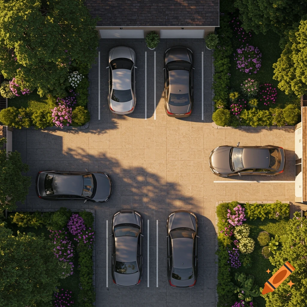 Overhead view of a suburban parking area with six cars, trees, shrubs, and a building with garages under warm light.
