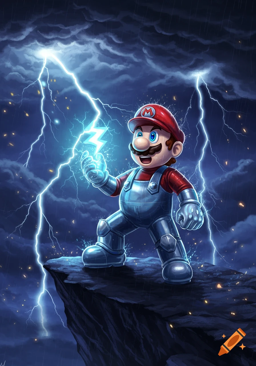 Mario in metal armor stands on a cliff during a storm, holding a bolt of lightning, in a dramatic stylized illustration.