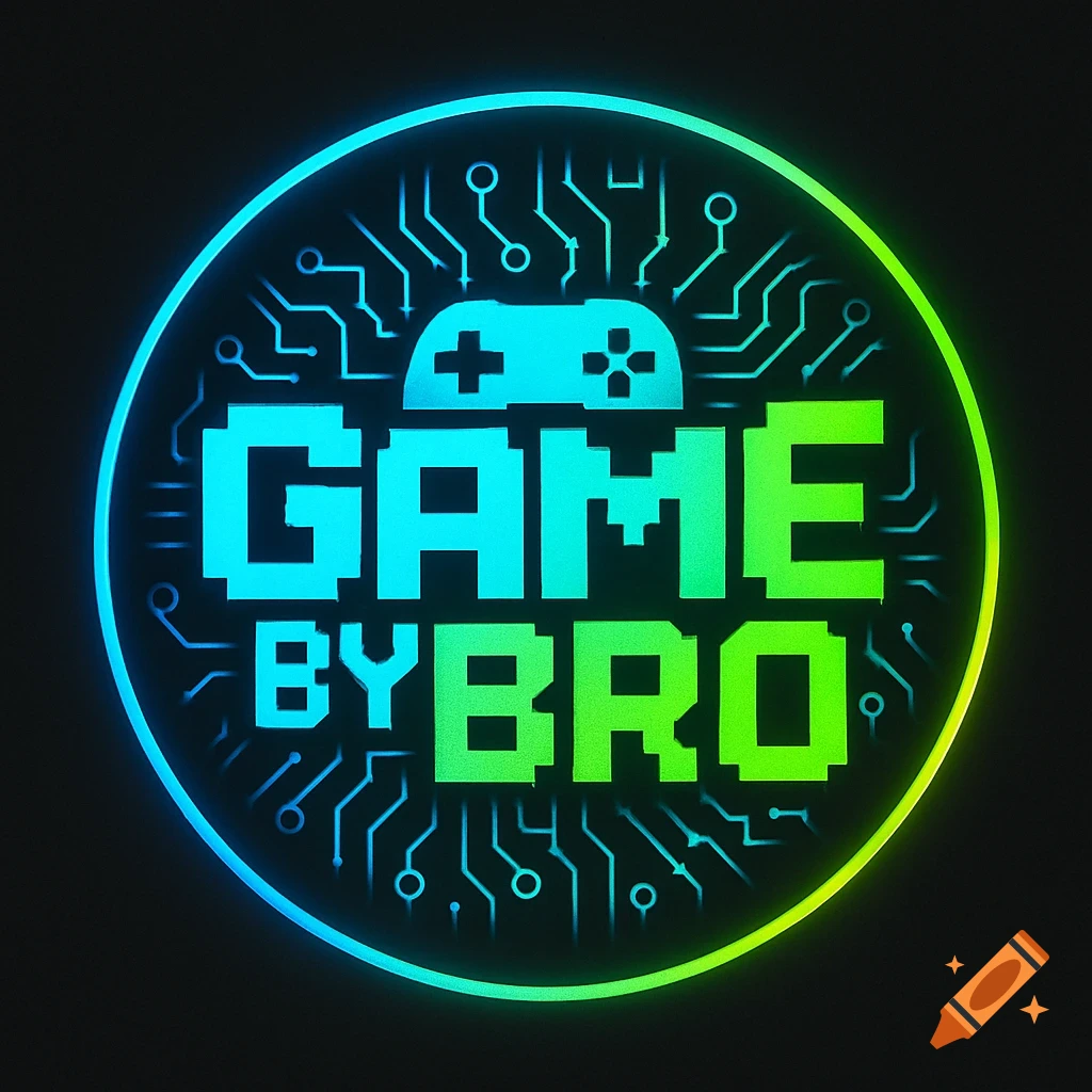 Neon pixelated gaming logo with 'GAME BYBRO' text, a gamepad, and circuit board lines on a black background.