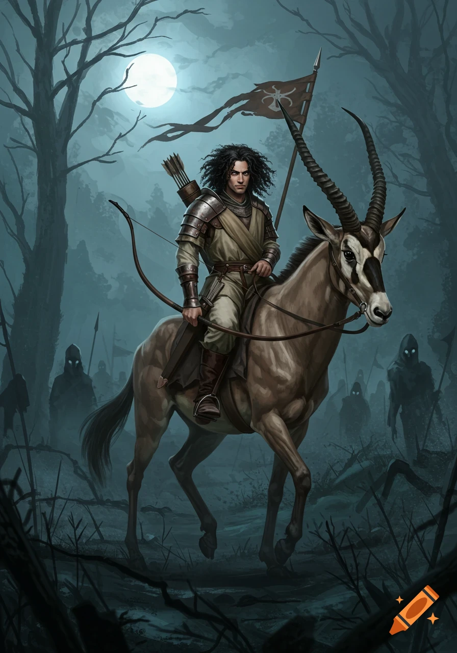A warrior with a bow rides a horned antelope through a dark, misty forest under a full moon, with shadowy figures in the background. Digital painting.
