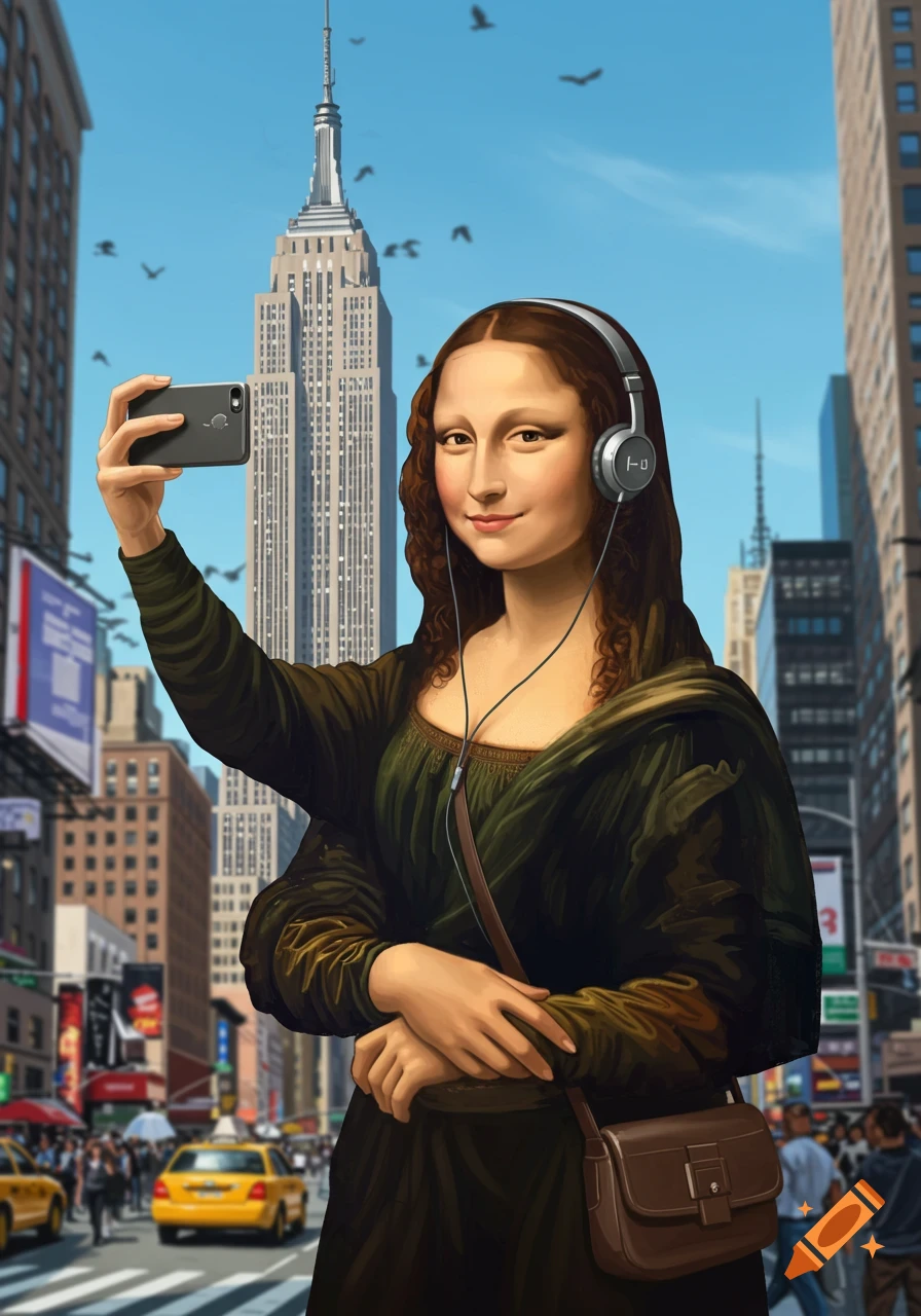Mona Lisa in modern attire wearing headphones, taking a selfie with a smartphone in New York City with the Empire State Building in the background.