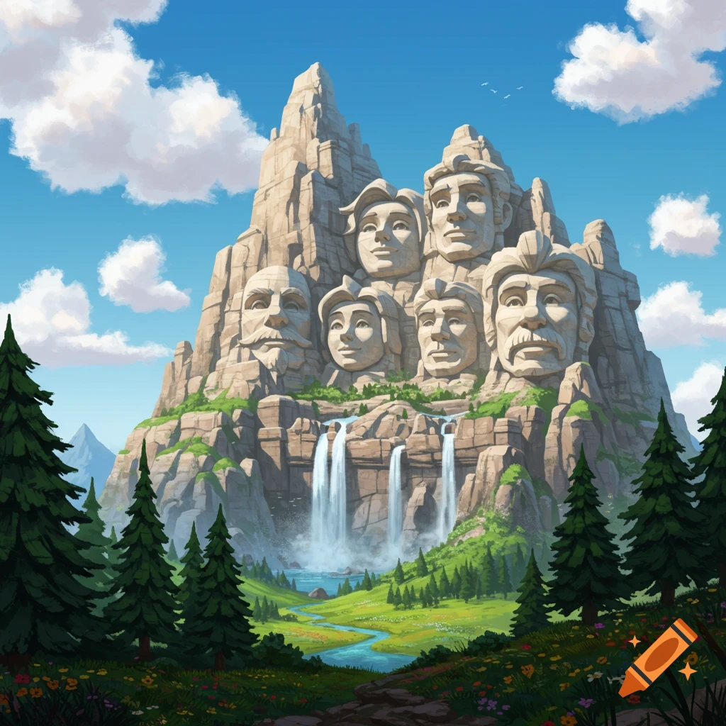 A cartoon mountain resembling Mount Rushmore with six carved faces, waterfalls, a river, green fields, and pine trees under a blue sky.