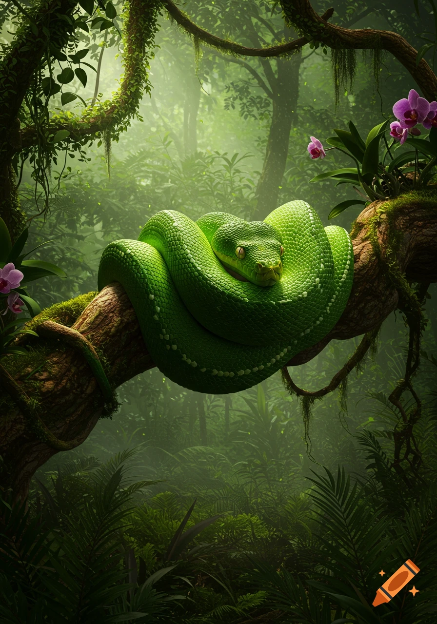 A vibrant green snake with bright eyes coiled around a mossy branch in a lush, misty rainforest, with purple orchids.