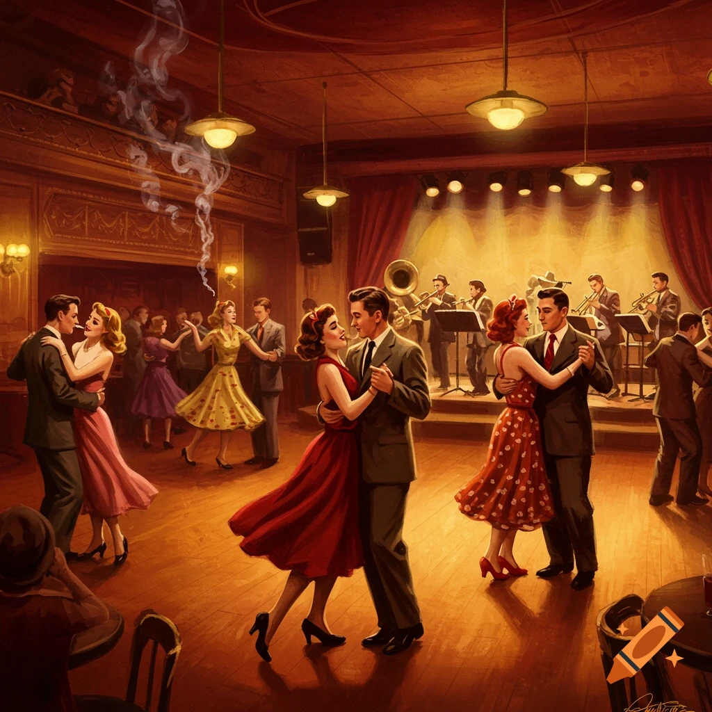 Illustration of couples dancing in a dimly lit 1940s jazz club with a live band on stage, in a retro style.