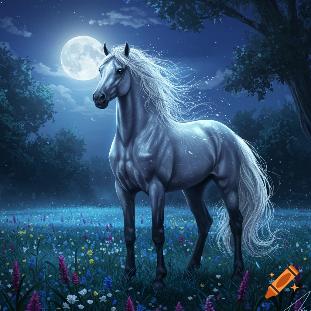 A majestic white horse with a flowing mane stands in a moonlit meadow filled with colorful wildflowers, surrounded by dark trees.