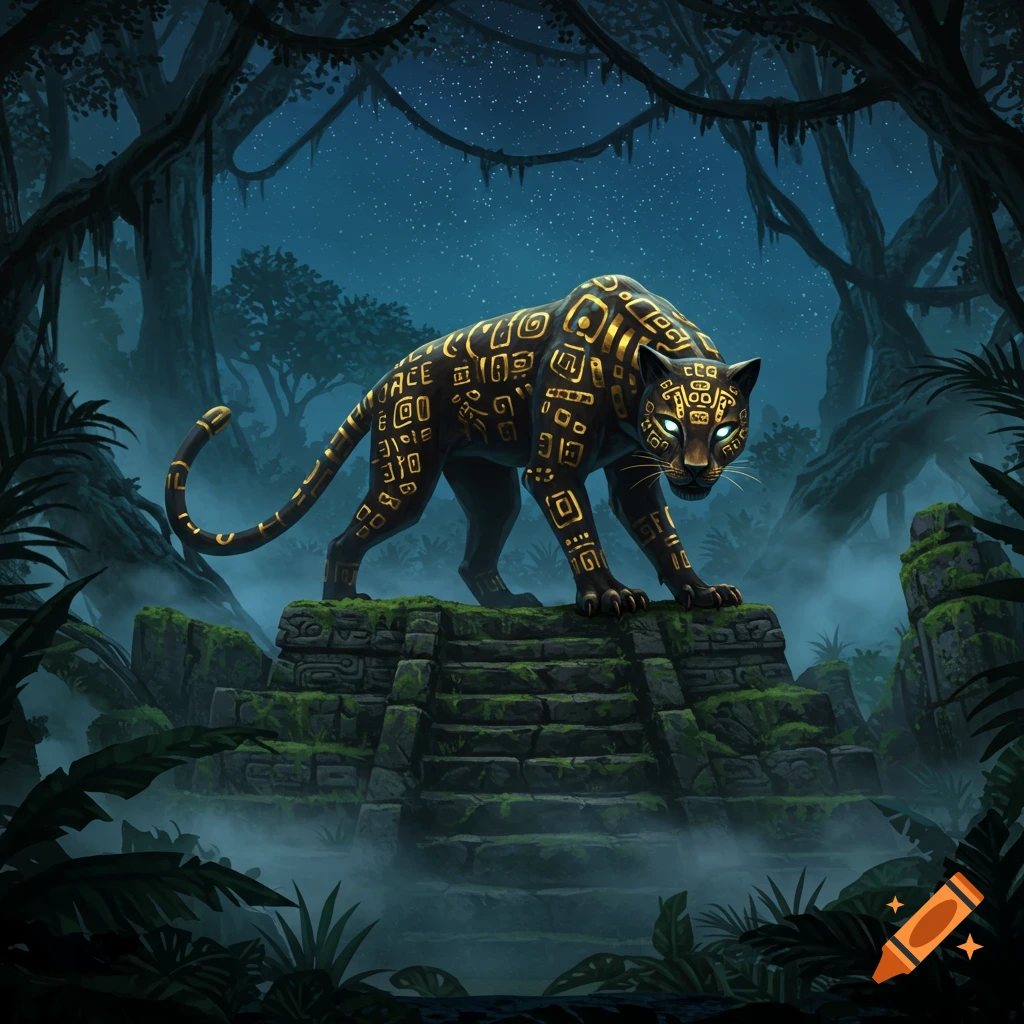 A stylized black jaguar with glowing eyes and intricate golden Aztec-like patterns prowls on ancient stone ruins in a mystical jungle at night.