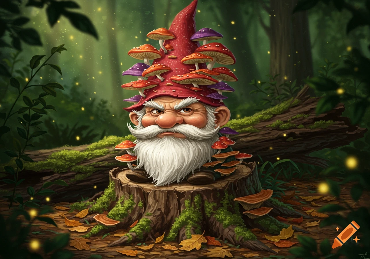 A cranky gnome with a long white beard and a red hat covered in mushrooms sits on a mossy tree stump in a magical forest.