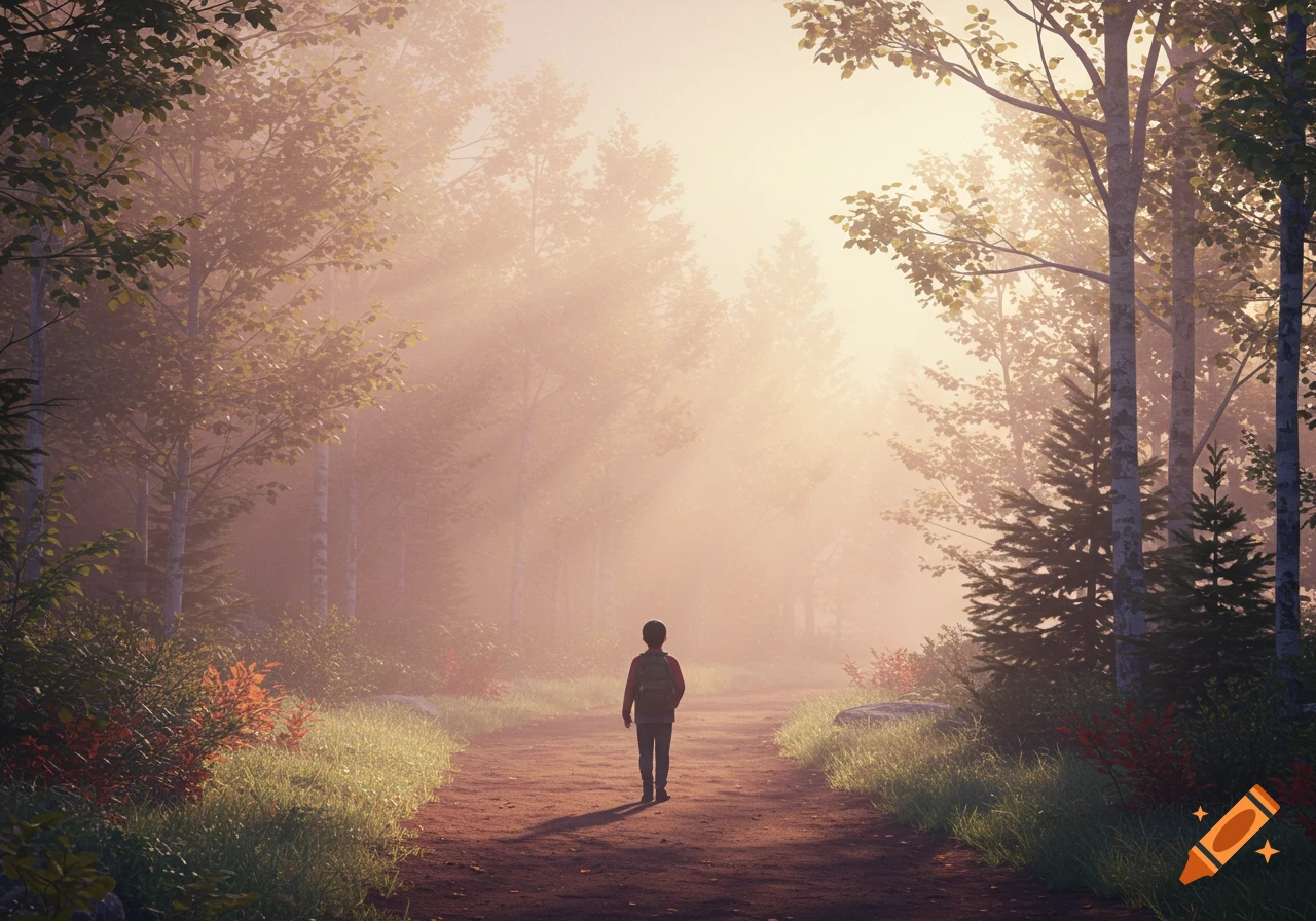 A boy with a backpack walks alone on a misty dirt trail through a forest at dawn, with sun rays piercing the fog.