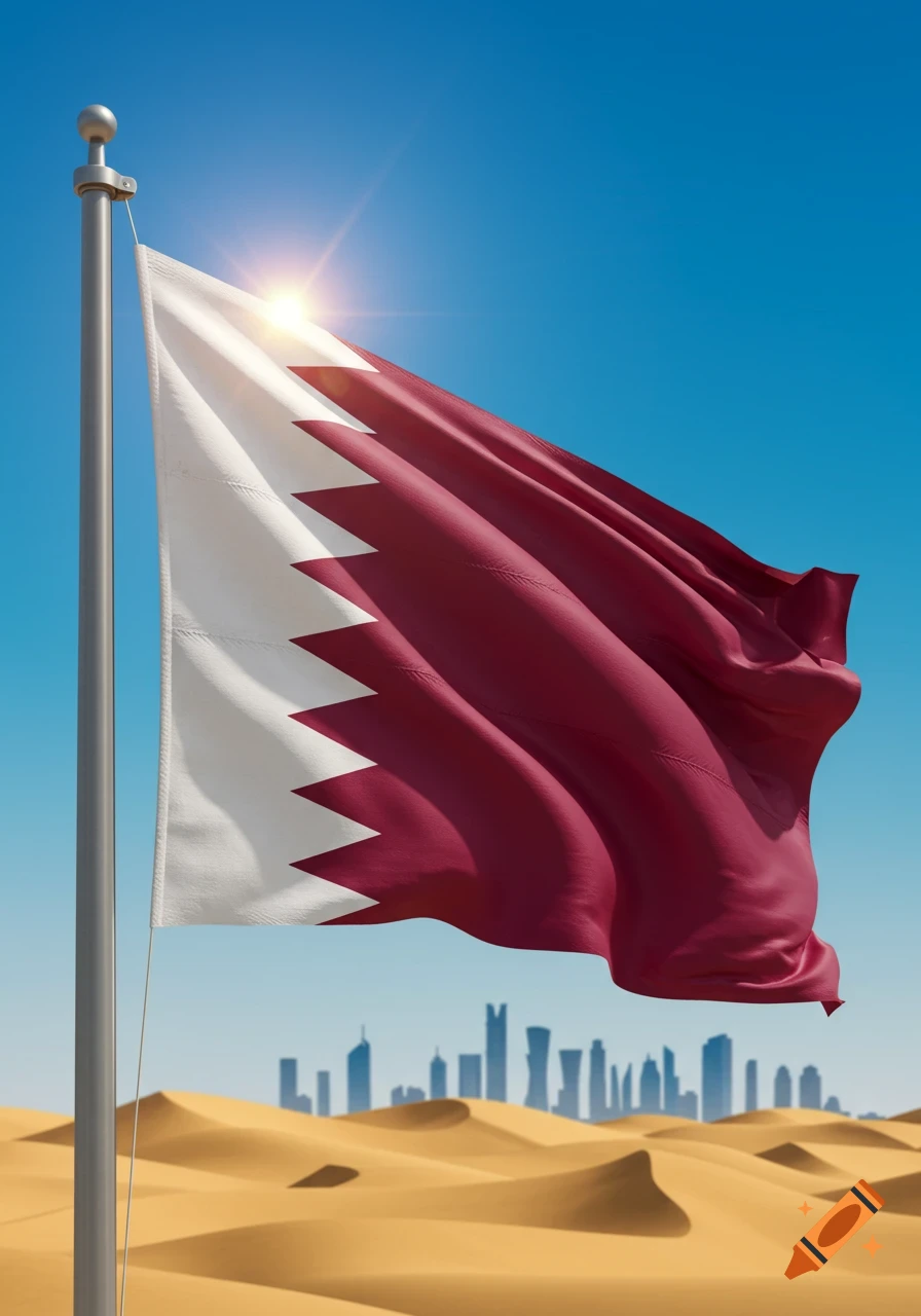 A photorealistic image of the Qatar flag waving over sand dunes with a city skyline in the background under a bright blue sky.