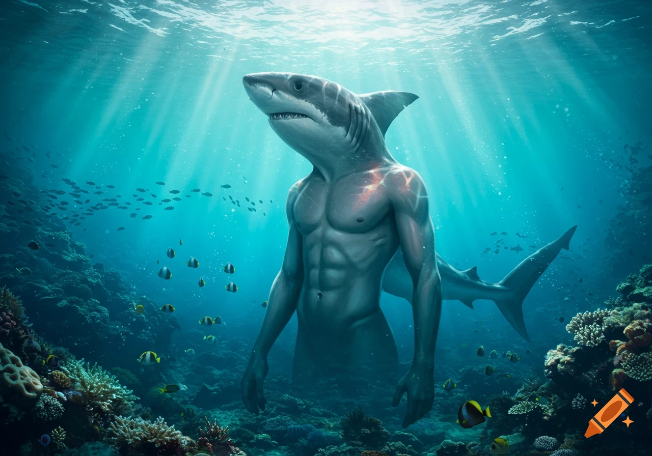 A muscular humanoid shark stands in a vibrant underwater coral reef with schools of fish and sunbeams.