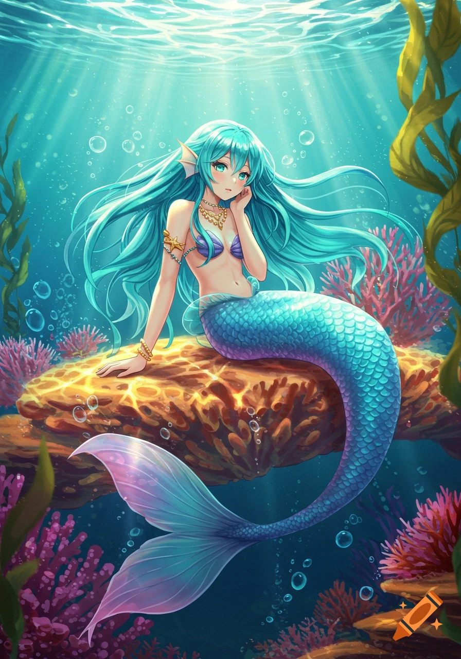 Anime mermaid with long teal hair and a shimmering blue-purple tail sits on a coral formation in a vibrant underwater scene.