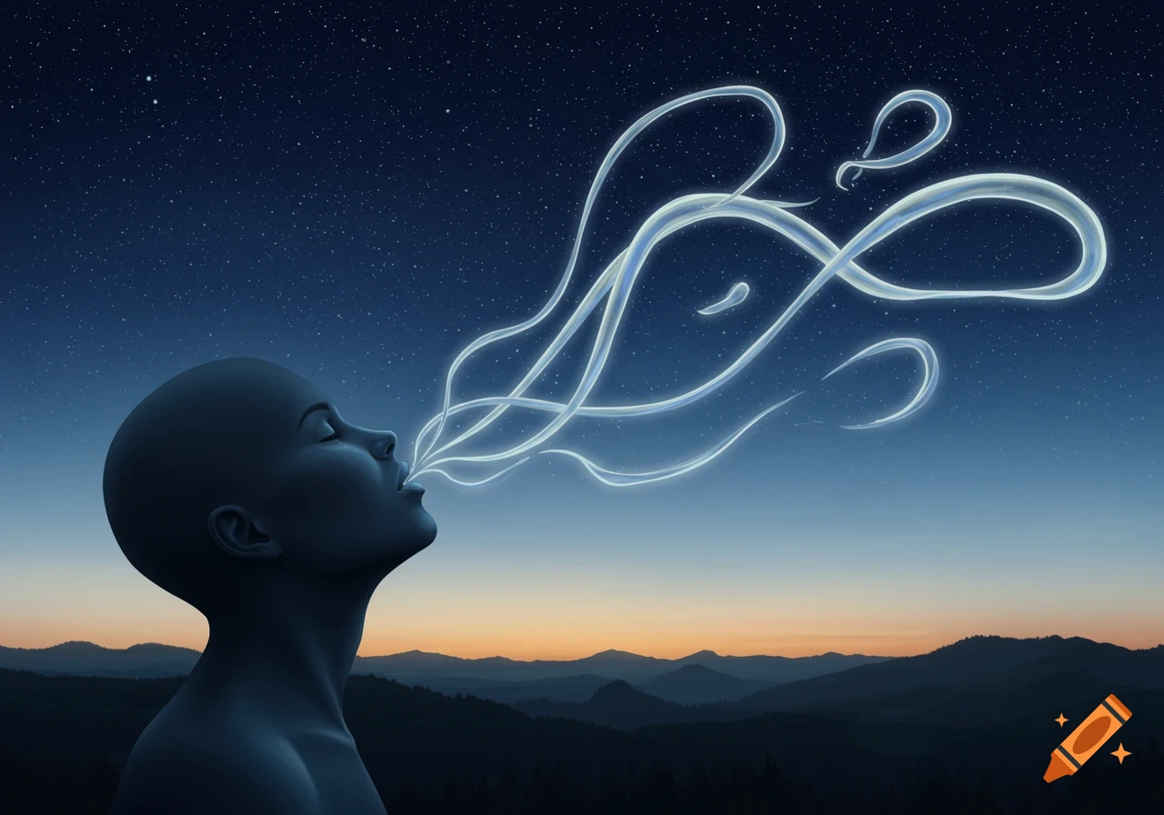 A person's silhouette exhales glowing abstract lines into a starry night sky above a mountain landscape.