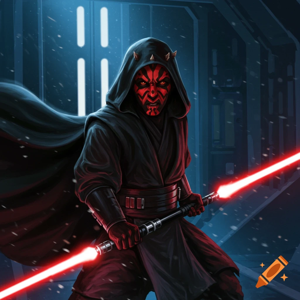 Darth Maul, a red and black horned character in a hooded black robe, holds a double-bladed red lightsaber in a dark, snowy setting.