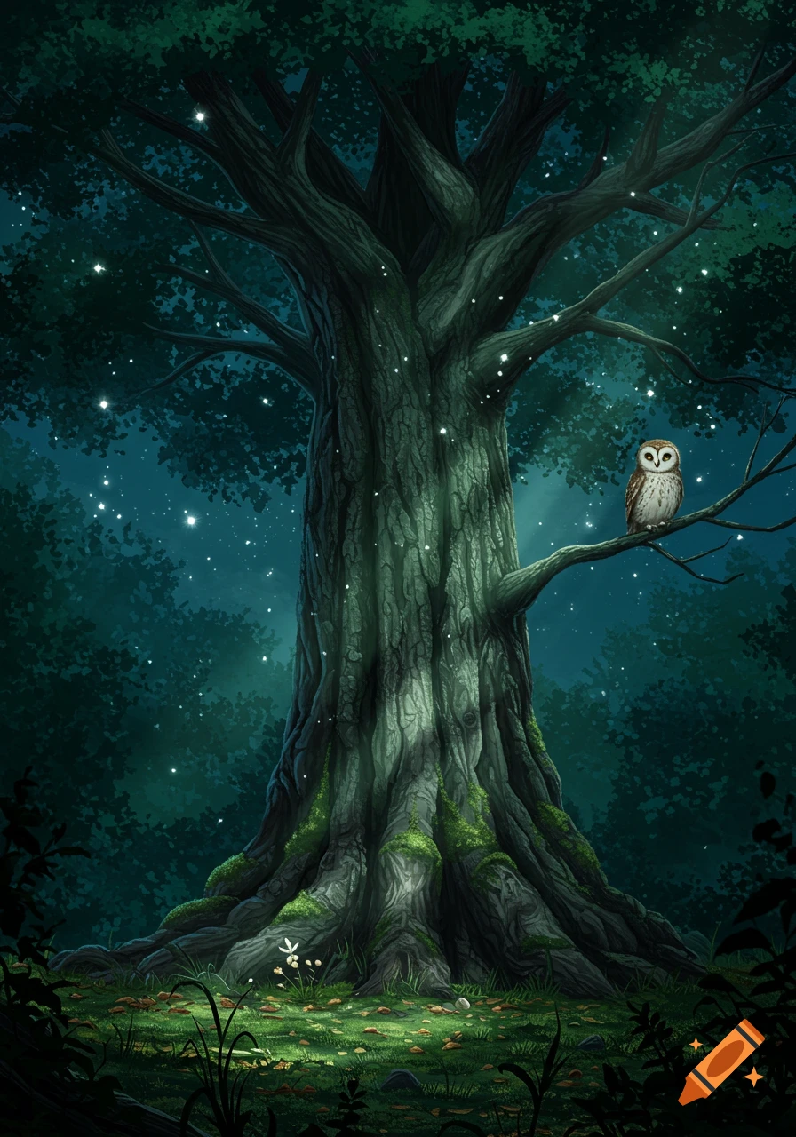 A majestic, gnarled tree at night, illuminated by soft light with glowing specks, and a small owl perched on a branch.