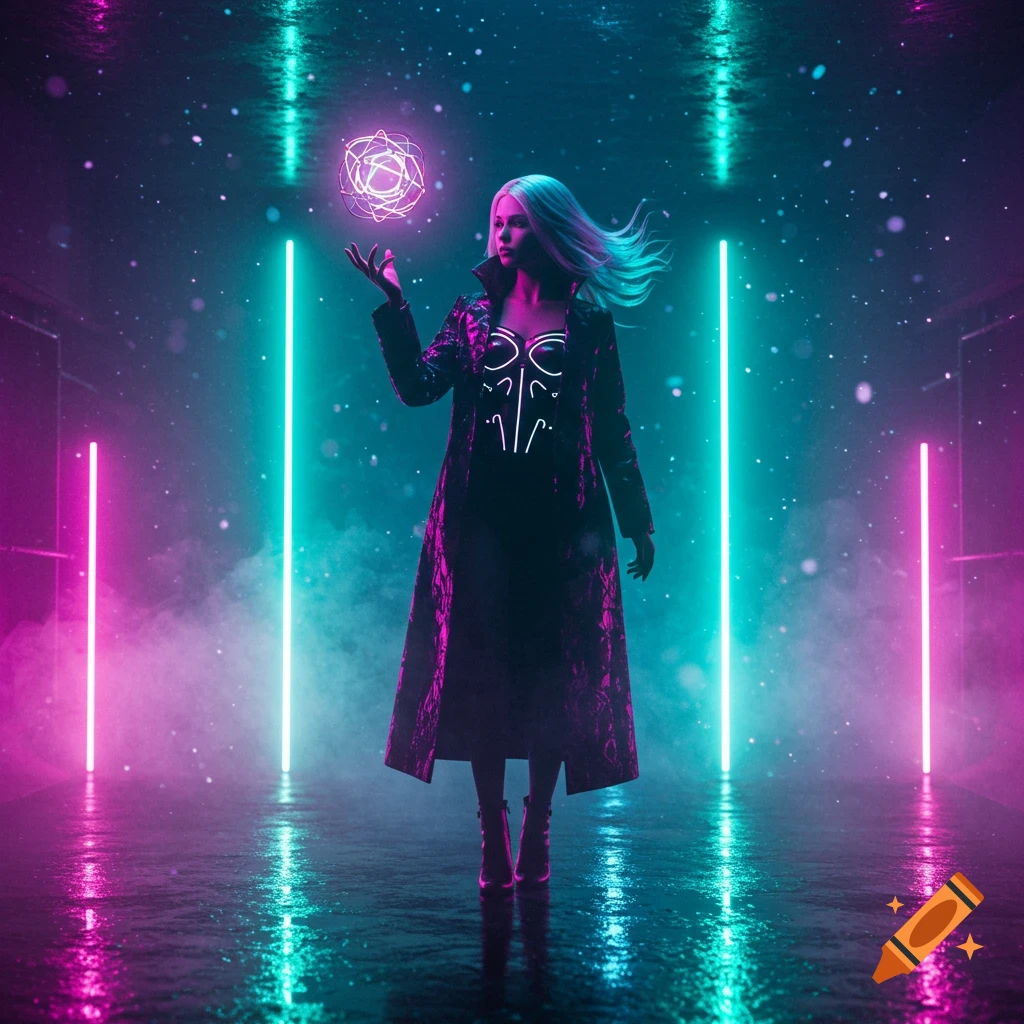 Photorealistic image of a futuristic sorceress in a neon-lit corridor, holding a glowing sphere above her hand.