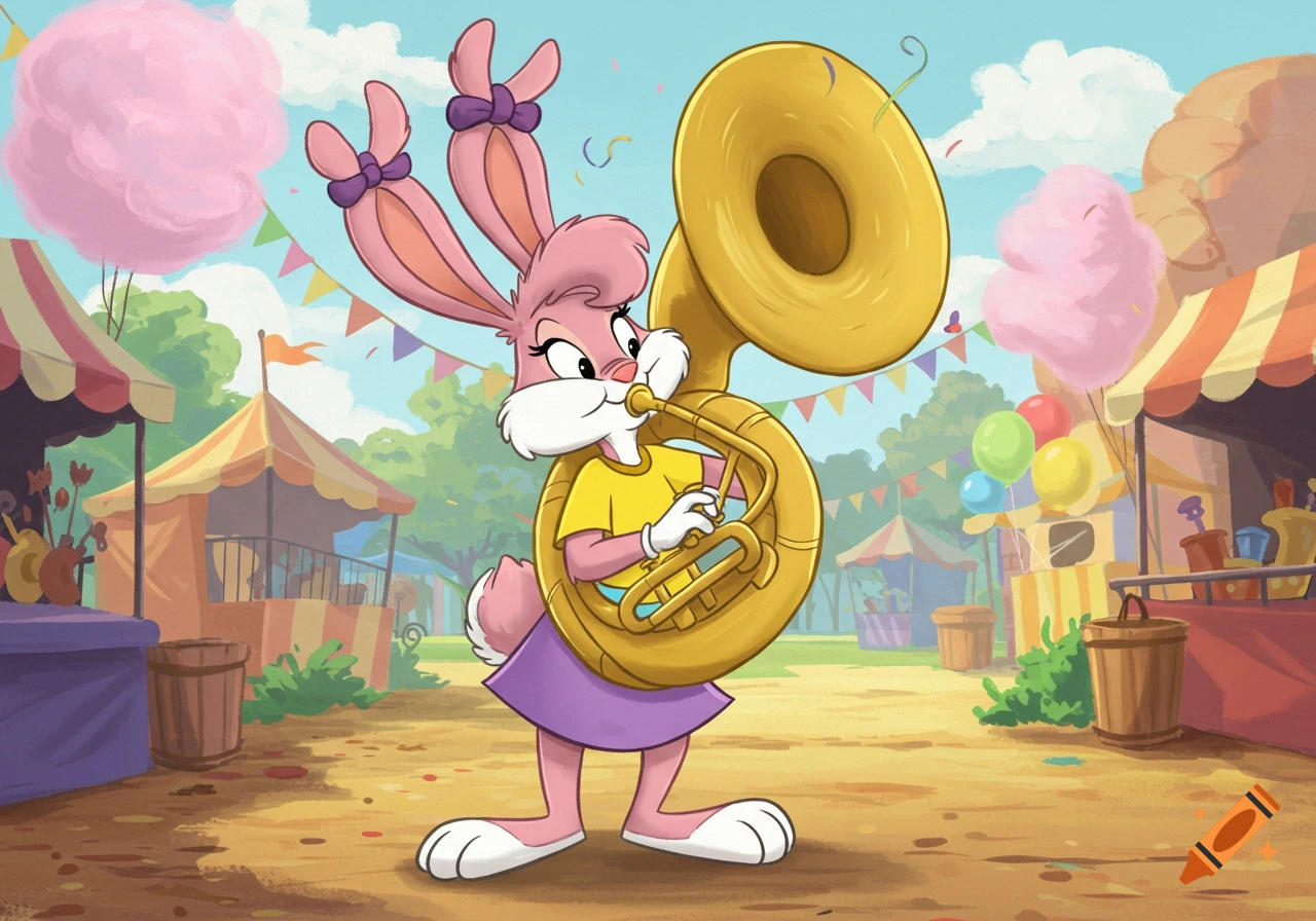 Babs Bunny in a yellow shirt and purple skirt playing a sousaphone at a colorful carnival.