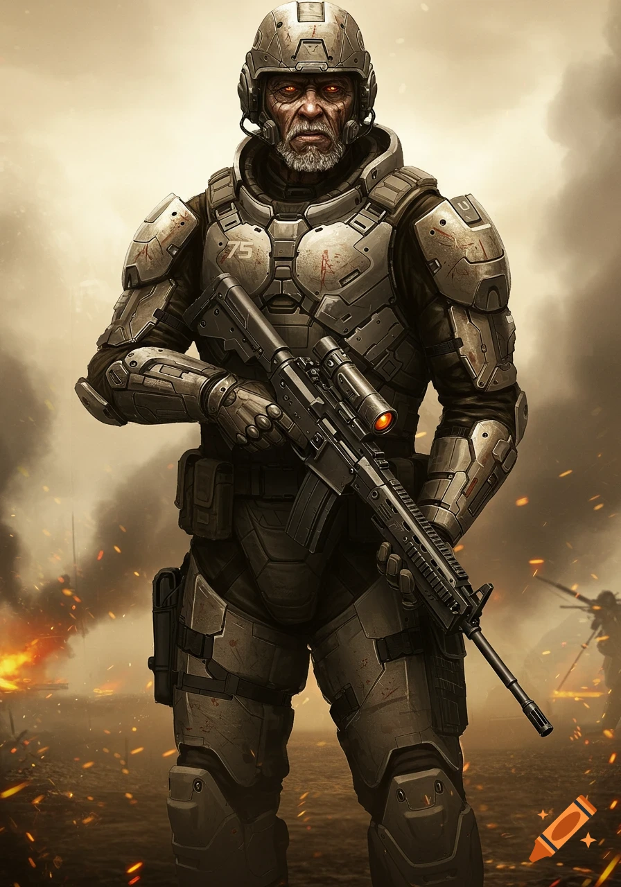 A weathered old man in futuristic military armor with glowing red eyes holds a rifle on a fiery battlefield, digital painting.