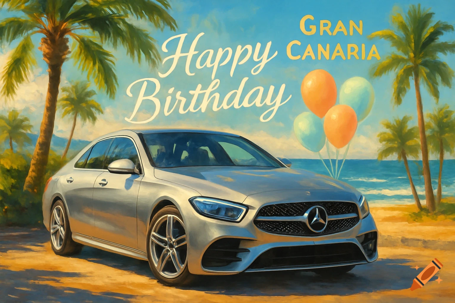 A silver Mercedes car on a sandy beach with palm trees, blue ocean, and orange and light blue balloons. The text 'Happy Birthday GRAN CANARIA' is painted in the sky in a painterly style.