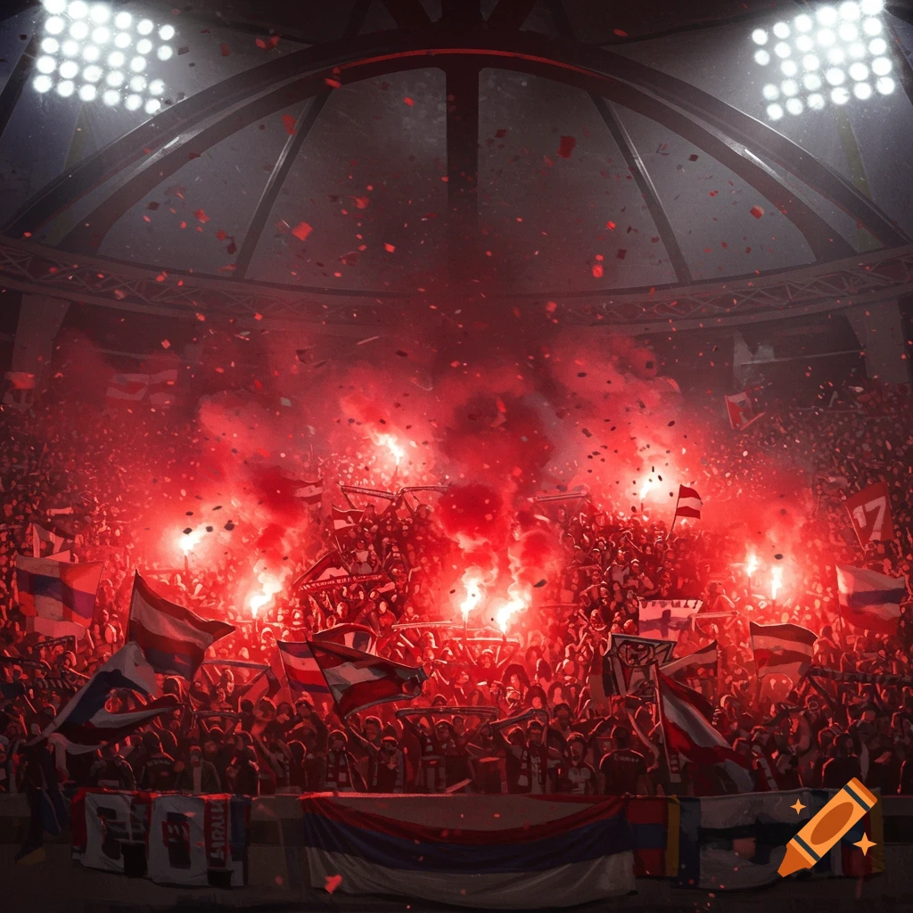 A packed stadium at night, filled with an excited crowd of sports fans waving flags amidst vibrant red flares, smoke, and falling confetti.
