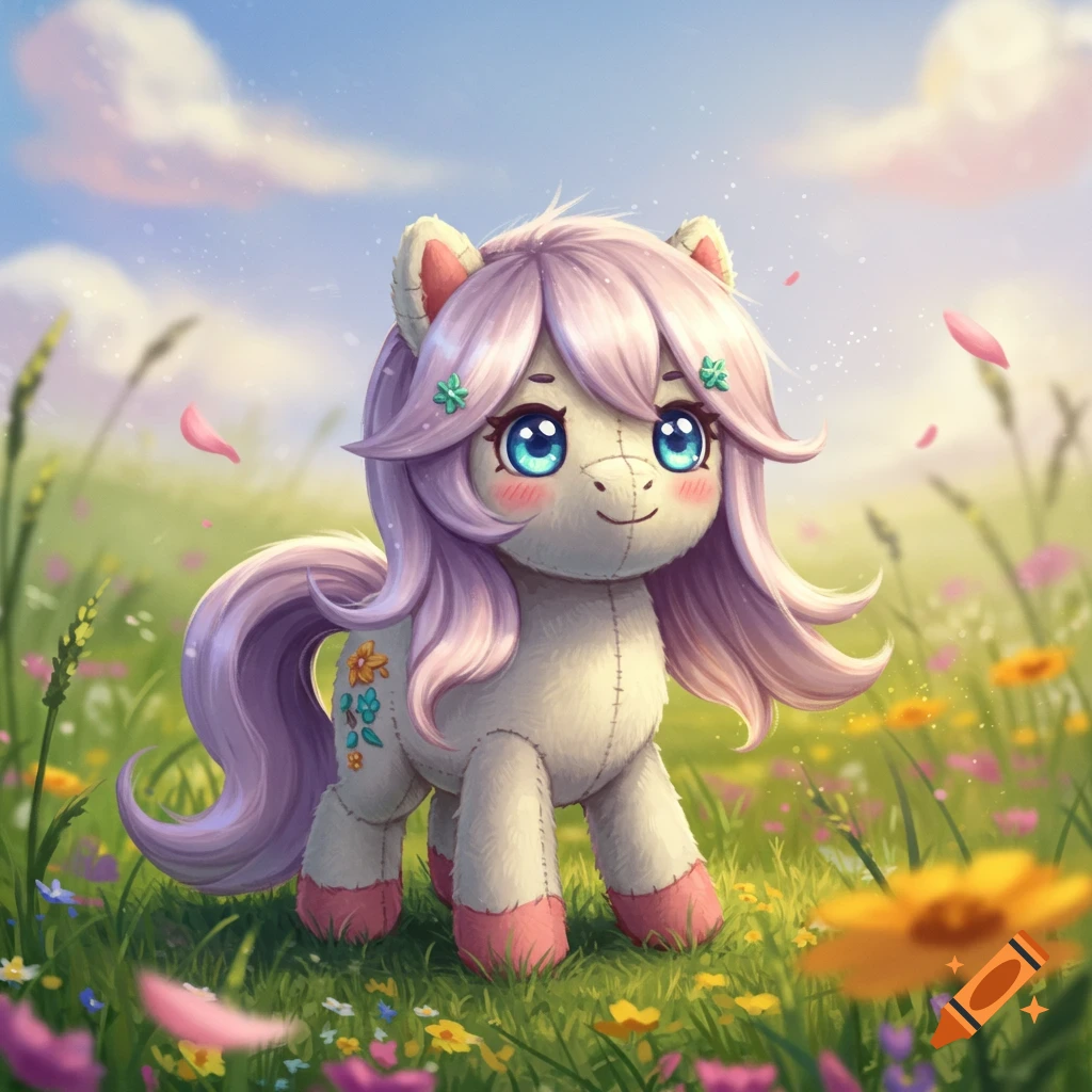 A cute plush pony with purple hair and big blue eyes stands in a vibrant field of colorful flowers.
