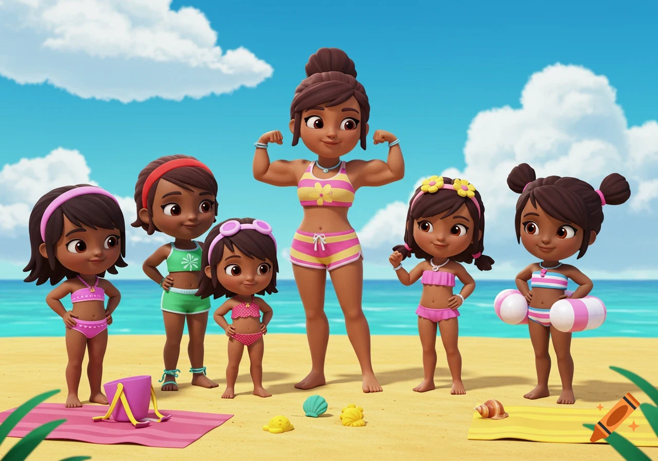A cartoon mother flexing her muscles at the beach surrounded by her five daughters in colorful swimsuits.