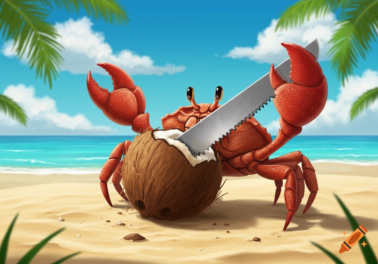 A cartoonish red crab uses a serrated knife to cut open a coconut on a sandy tropical beach with palm trees.