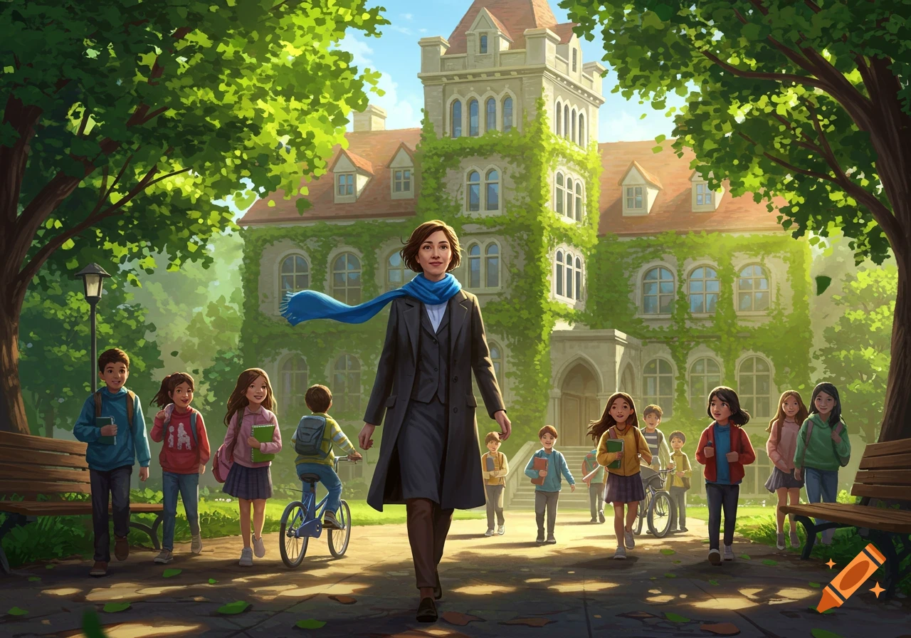 An illustration of a teacher in a blue scarf walking with diverse children on a path outside a large, ivy-covered school building.