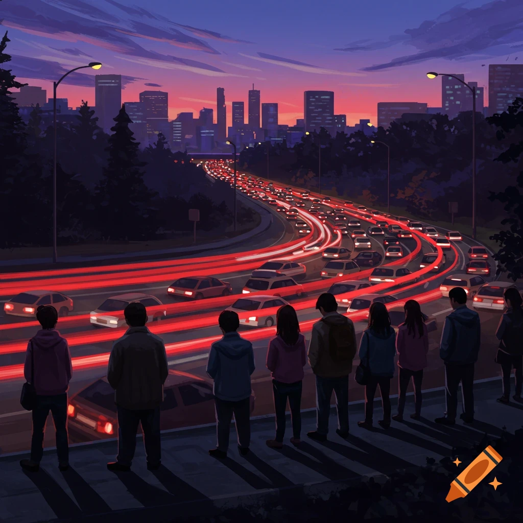 Illustration of people watching cars with light trails on a highway at dusk, city skyline in background.