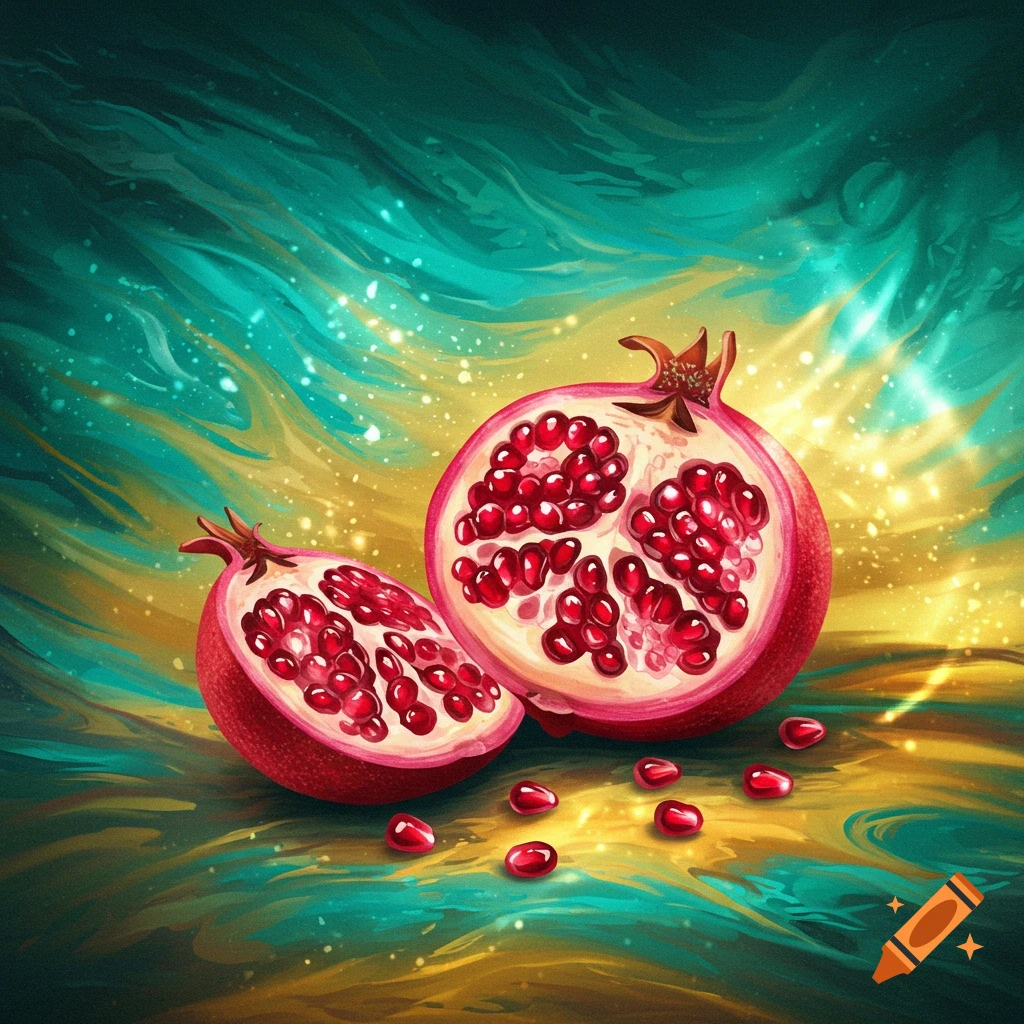 Two halves of a vibrant red pomegranate with scattered seeds on a shimmering teal and gold abstract background, digital art.
