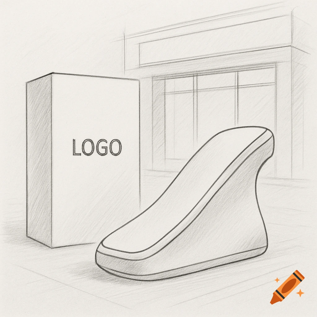A pencil sketch of a product next to a box labeled "LOGO" in front of a storefront.