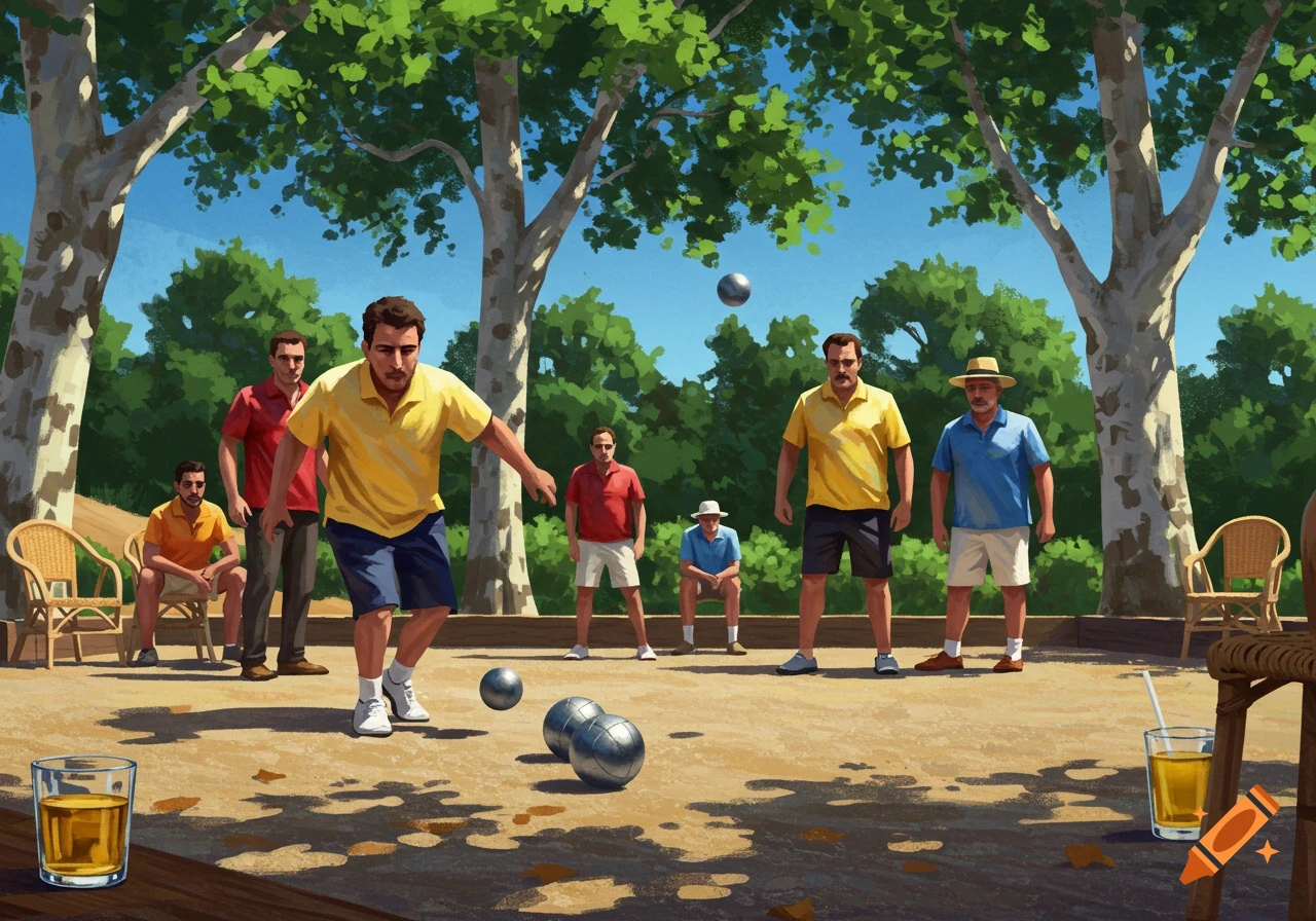 An illustration of men playing pétanque under tall, leafy trees on a sunny day, with drinks and chairs on the side.