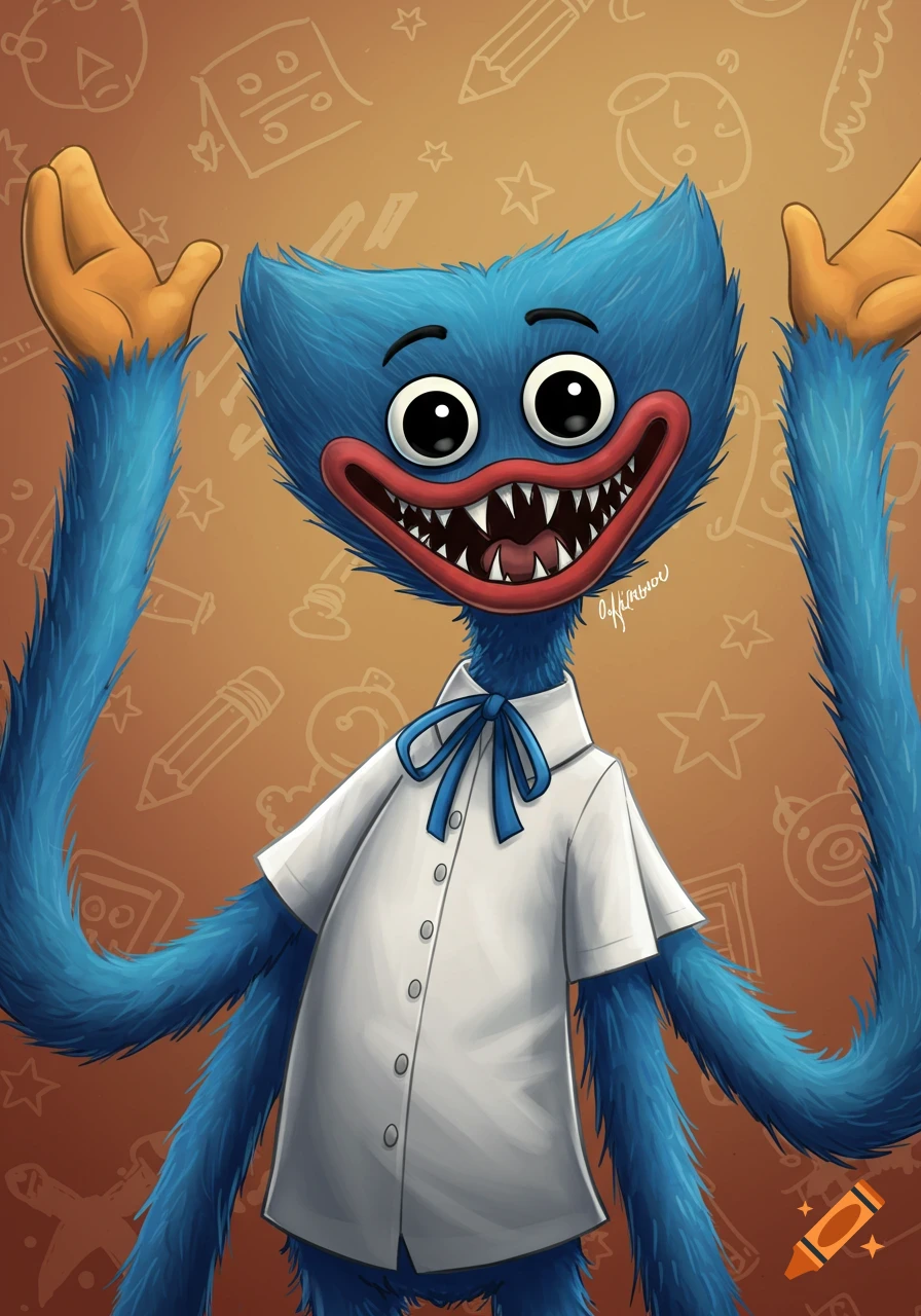 Cartoon illustration of a blue furry monster, Huggy Wuggy, wearing a white shirt and blue bow tie, smiling with arms raised, on an orange background with school doodles.
