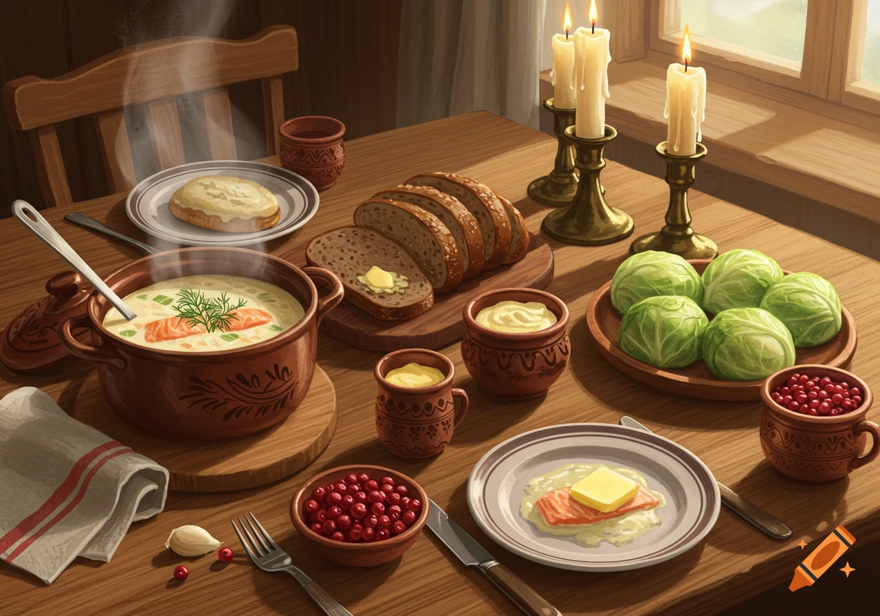 Illustration of a wooden table laden with traditional Finnish food, including salmon soup, sliced rye bread with butter, cabbage, and red berries, illuminated by candlelight.