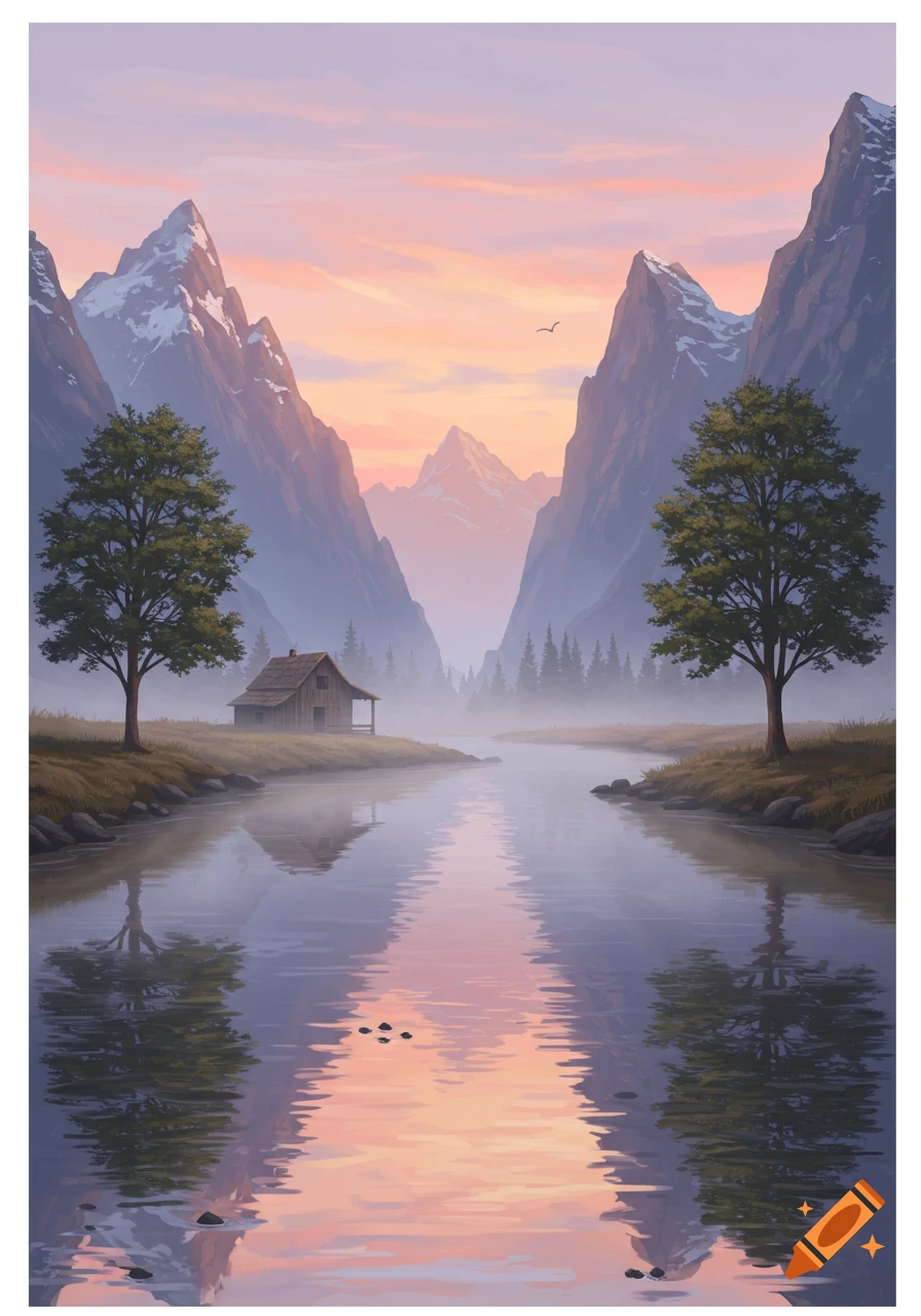 Digital art of a serene mountain landscape with a river, a small cabin, and trees under a colorful sky.