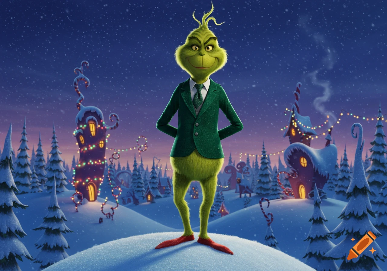 A green Grinch in a suit stands on a snowy hill, smiling mischievously, with festive Whoville houses and snow-covered trees in the background.