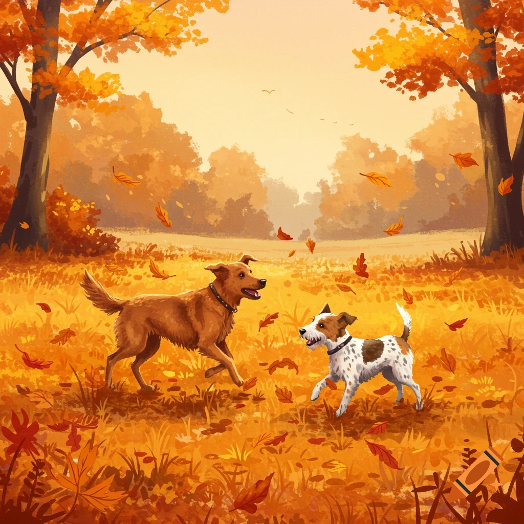 Two dogs play happily in a vibrant autumn field with fallen orange and yellow leaves, surrounded by trees.